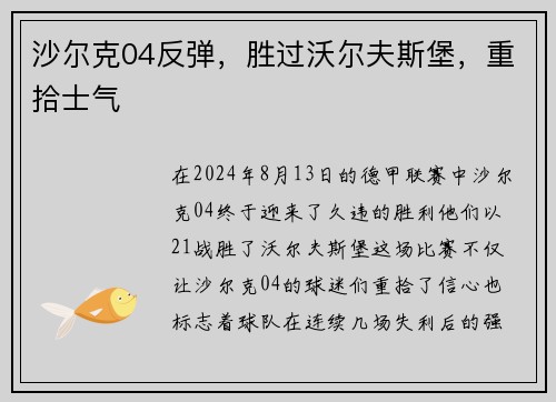 沙尔克04反弹，胜过沃尔夫斯堡，重拾士气