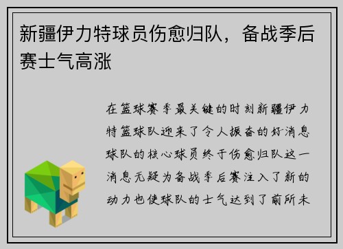 新疆伊力特球员伤愈归队，备战季后赛士气高涨